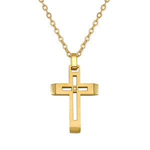 Detail of 18K gold-plated titanium steel cross pendant with a centered sparkling crystal