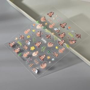 Cute 3D embossed sloth nail stickers with flowers and leaves on adhesive sheet FEB-839