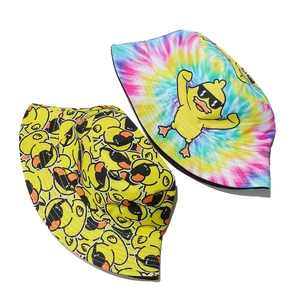 Reversible cartoon duck sun hat with rainbow tie-dye and vibrant yellow pattern design