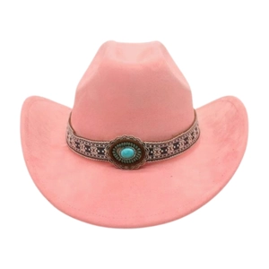 Detail of pink western cowboy hat with ethnic embroidery and turquoise stone decoration