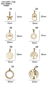 Size guide for gold stainless steel pendants featuring stars, tree of life, and charms