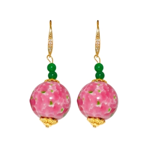 New Chinese style floral ceramic hook earrings with pink and green beads in gold finish