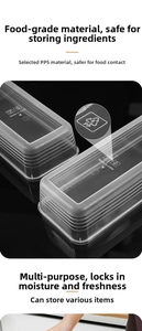 Detailed view of long plastic food storage box made of transparent PP5 material