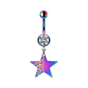 Detail of colorful belly ring with sparkling zircon and textured star-shaped pendant