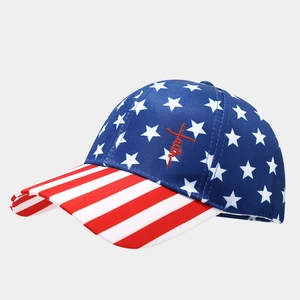 Detailed close-up of Faith cross embroidery on American flag pattern baseball cap