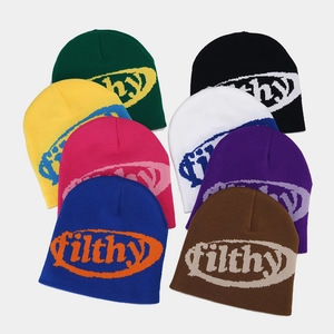 Winter jacquard knit beanie for men and women featuring filthy lettering in eight colors