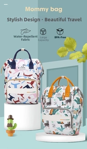 Waterproof diaper backpack with animal and geometric prints showing large storage capacity