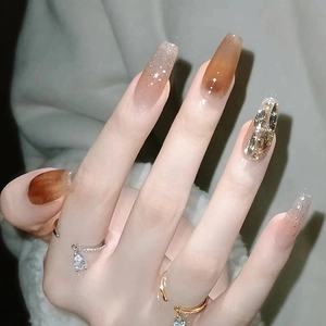 Long Coffin Press On Nails Amber Brown Gradient 3D Rhinestone Fine Glitter Luxury Elegant Fake Nails With Glue