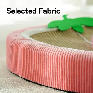 Strawberry shaped sisal cat scratcher bed with pink corduroy fabric and green felt leaves