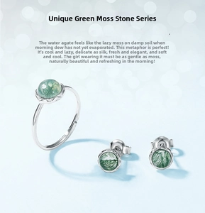 Detailed view of moss agate jewelry set featuring ring and studs in silver finish