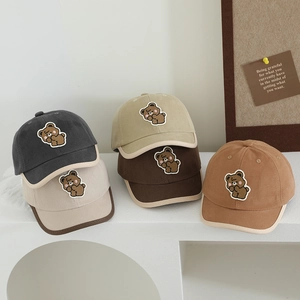 Kids bear embroidery short brim baseball caps in five earthy colors with contrast piping