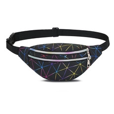 Detail showing dual silver zippers and colorful geometric pattern on the black oxford waist bag