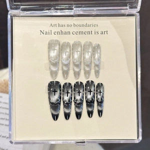 Handmade Press On Nails Long Stiletto Cat Eye Magnetic Luxury Oracle Light Goth Cross Design Silver Glitter Dark Grey