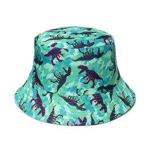 Blue camouflage bucket hat featuring retro colorful dinosaur silhouettes for kids