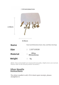 Detailed size specifications for gold plated heart star moon earrings with pearls