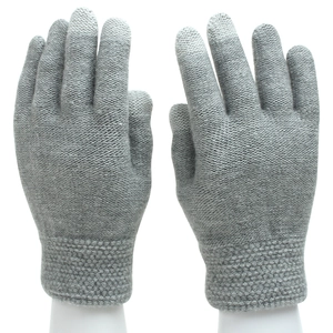 Detail of gray knitted touch screen gloves with ribbed cuffs for winter wind protection