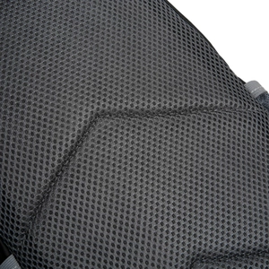 Close-up of breathable black honeycomb mesh fabric and reinforced stitching on waist bag