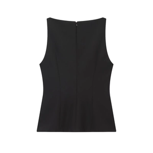 Rear view of black sleeveless top with hidden zipper and slim-fit tailoring silhouette
