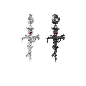 Silver Plated Gothic Cross Rose Earrings With Red Rhinestone Thorn Dark Punk Stud Earrings For Women Men Jewelry Gift