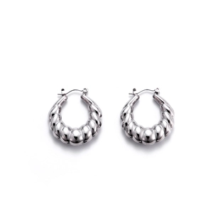 Polished silver croissant hoop earrings in minimalist hollow twisted stainless steel style