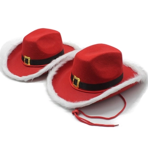 Classic red Christmas cowboy hat with white faux fur trim and gold buckle belt detail
