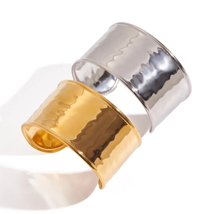 Hammered texture 18k gold and silver stainless steel wide open cuff bracelets set