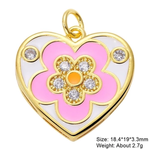Pink and white heart flower pendant with zircons and product dimensions on white background