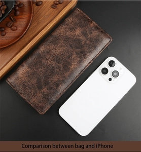 Brown vintage long wallet compared with an iPhone to demonstrate size and premium leather