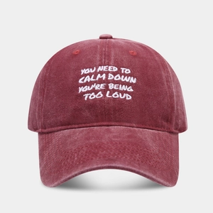 Detail of vintage red washed cotton baseball cap with white script letter embroidery