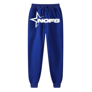 Detailed view of dark blue sweatpants featuring white NOFS lettering and stars print