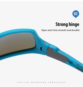 Detail of durable strong hinge on blue polarized cycling sunglasses for smooth opening