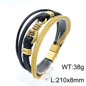 Detail view of multi-layer braided black leather bracelet with gold metal chain and magnetic clasp