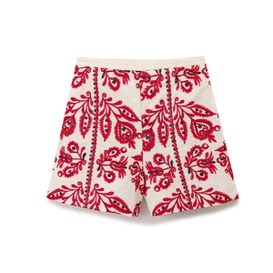 Short Brodé Taille Haute Femmes Mélange Coton Ethnique Floral Bohème Décontracté Vacances