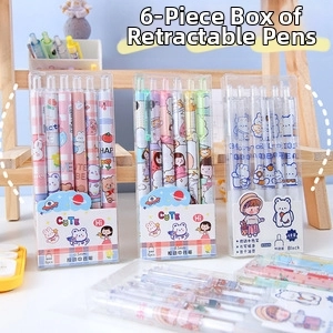 Close-up of 6-pack cute cartoon 0.5mm black ink gel pens with astronaut and bear prints