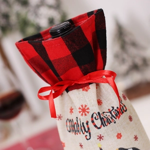 Christmas buffalo plaid wine bottle cover with linen texture and Merry Christmas print
