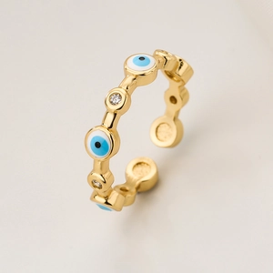 Adjustable gold plated evil eye ring with blue enamel and sparkling zircon stones