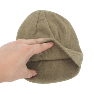 Khaki ribbed knit beanie hat for women featuring a warm, minimalist cuffed design