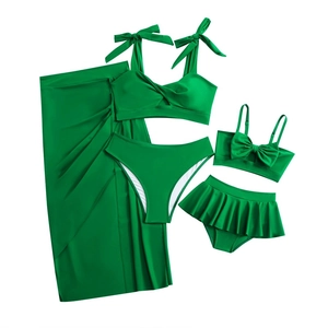 Three-piece emerald green bikini set for women and matching two-piece swimwear for girls