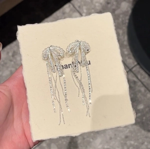 Bow Tassel Dangle Earrings Zircon Copper Jewelry With Silver Earring Post Fashion Elegant For Women