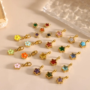 Golden stainless steel star and flower charms with colorful zircon and enamel inlay