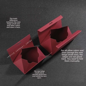 Detailed view of dark red foldable wedding gift box structure with manual folding guide