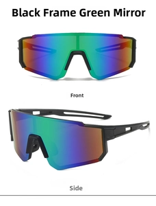 Detailed front and side views of black cycling sunglasses with green mirror lenses