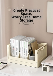 Detail showing foldable cream plastic storage crate with side handles for desk organization