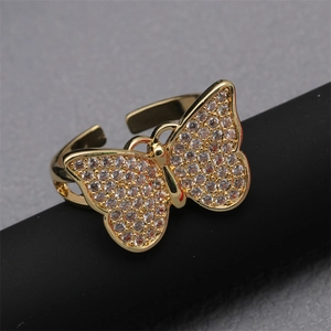 Adjustable gold butterfly ring with sparkling zircon pavé wings for men and women