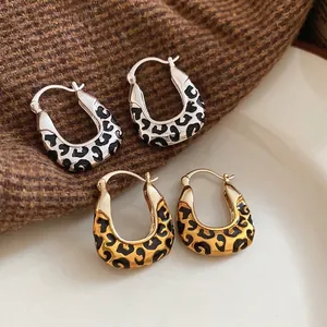 Vintage Leopard Print U-Shaped Hoop Earrings Alloy Drip Oil Jewelry With Silver Earring Post Geometric Aesthetic For Women
