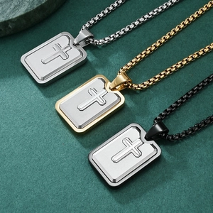 Three layered rectangular cross pendants in silver, gold, and black with box chains