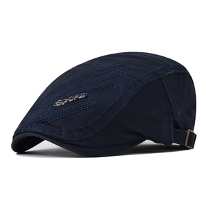 Navy cotton beret hat with sports metal tag and contrast stitching for men and women