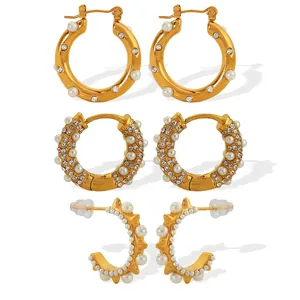 C-Shaped Hoop Earrings Stainless Steel With Imitation Artificial Pearl Rhinestone Retro Geometric Spike Rivet Design For Women