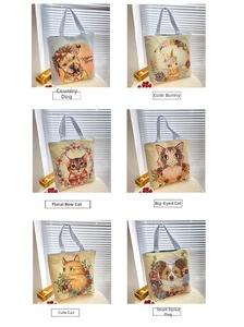 Detail of six canvas tote bags featuring diverse animal prints and stripe handles