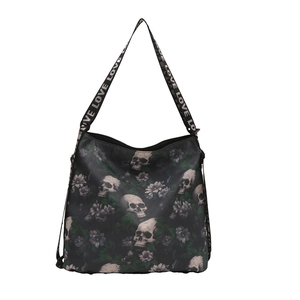 Grand sac fourre-tout noir en nylon avec imprimé tête de mort et bandoulière LOVE